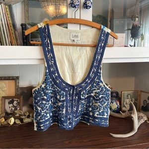 Label Ritu Kumar indian block printed embroidered waistcoats vest top cream blue